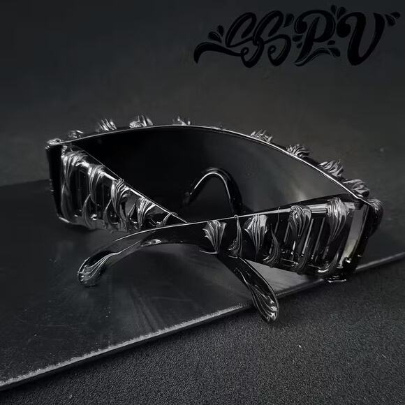 Gothic Black Flame Teeth Mouth Wraparound Sunglasses Y2K Punk Visor Shades - Picture 2 of 5